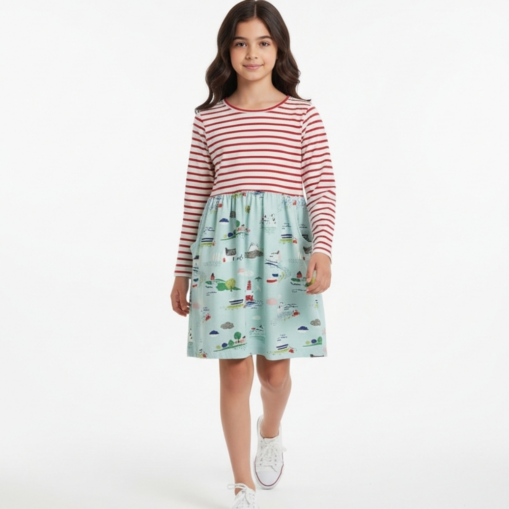 Mini Boden Girl Coastal Beach Nautical Long Sleeve Comfy Dress 9-10 yrs (F9)